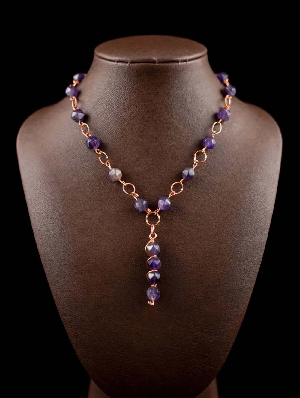 Handmade Wire-Wrapped Copper Chain Necklace Amethyst Beads and Lariat Drop